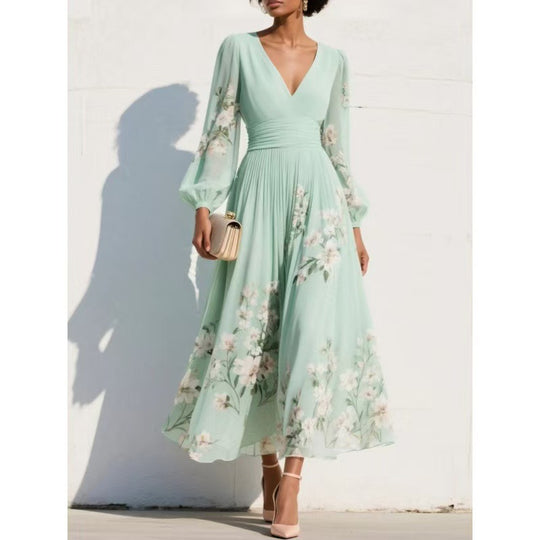 Damen Chiffon-Midikleid mit V‑Ausschnitt, geraffter Taille und floralem Plissee-Rock Shop Nory