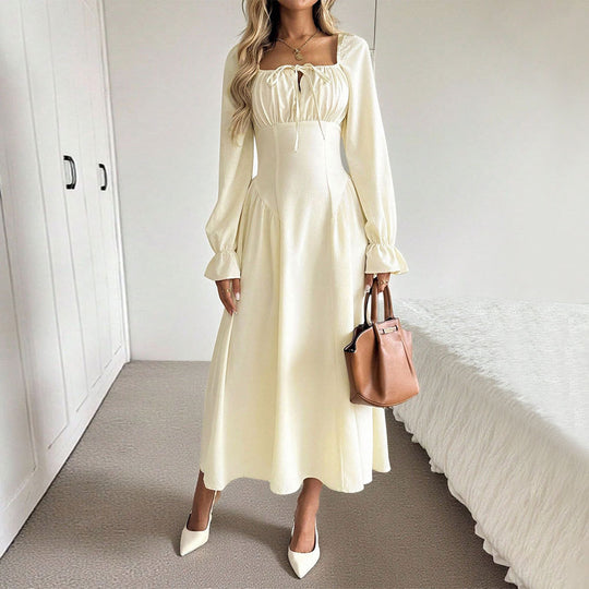 Damen romantisches Midikleid mit Korsagen-Taille, Quadratausschnitt und voluminösen Ärmeln Shop Nory