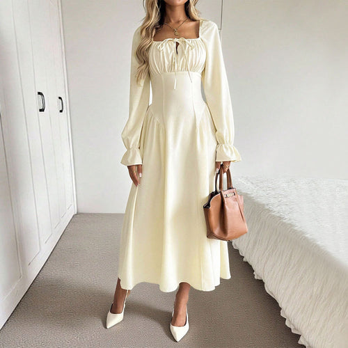Damen romantisches Midikleid mit Korsagen-Taille, Quadratausschnitt und voluminösen Ärmeln Shop Nory