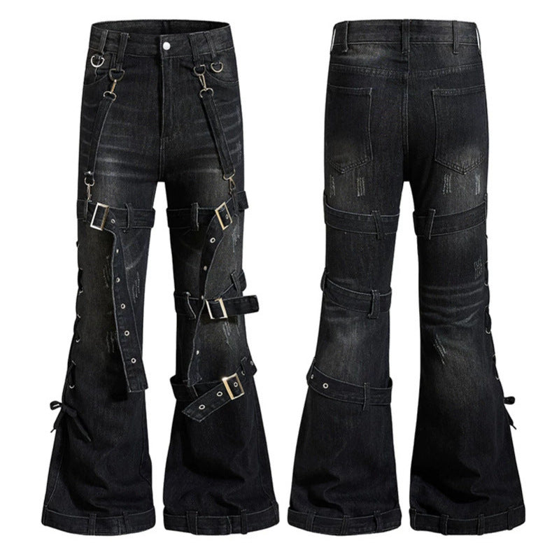 Damen Bondage-Flared-Jeans mit dekorativen Schnallen, Riemen und Used-Look Shop Nory