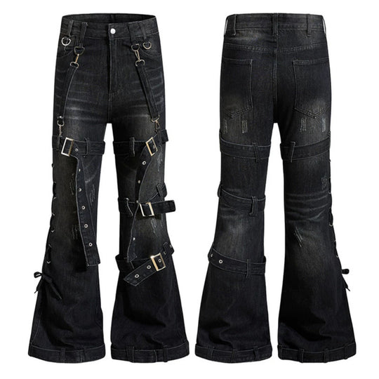 Damen Bondage-Flared-Jeans mit dekorativen Schnallen, Riemen und Used-Look Shop Nory