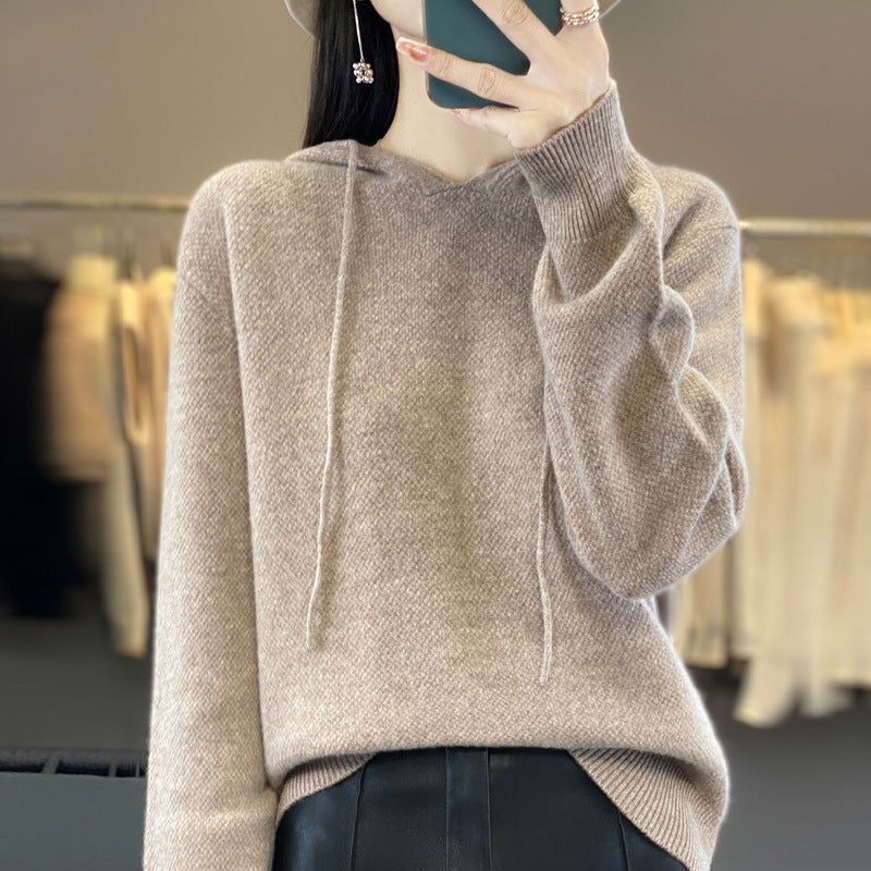 Damen weicher Feinstrick‑Kapuzensweater mit melierter Struktur und gerippten Bündchen Shop Nory