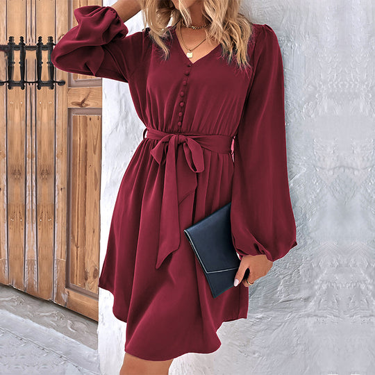 Damen V-Ausschnitt Kleid mit Bindegürtel, Knopfleiste & Ballonärmeln Shop Nory