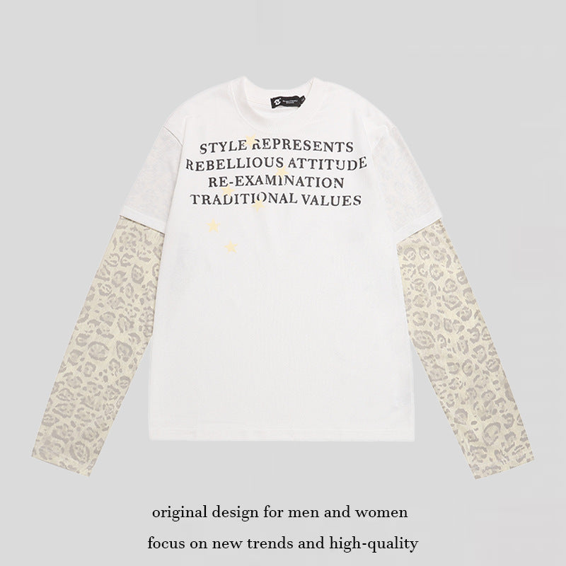 Damen Lagen-Langarmshirt mit Kontrastärmeln im Leo-Muster und Statement-Print Shop Nory