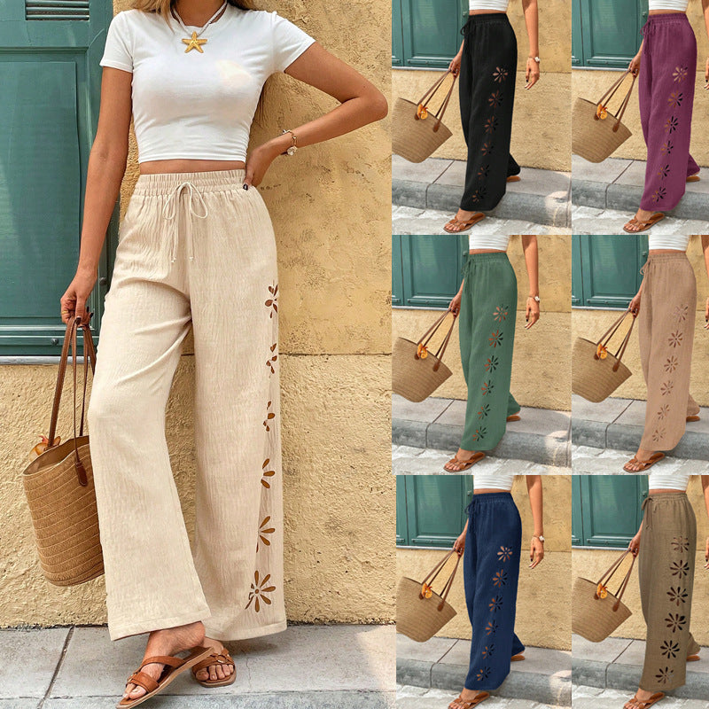 Damen Weite Leinenhose mit Blumen-Applikationen und Elastikbund Shop Nory