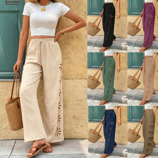 Damen Weite Leinenhose mit Blumen-Applikationen und Elastikbund Shop Nory
