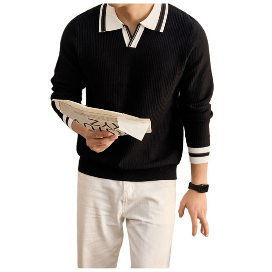 Herren Feinstrick-Polo mit V-Ausschnitt, gerippter Struktur und kontrastierenden Bündchen Shop Nory