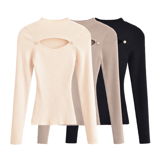 Damen Gerippter Stretch-Feinstrickpullover mit Brust-Cut-Out und Zierknöpfen Shop Nory