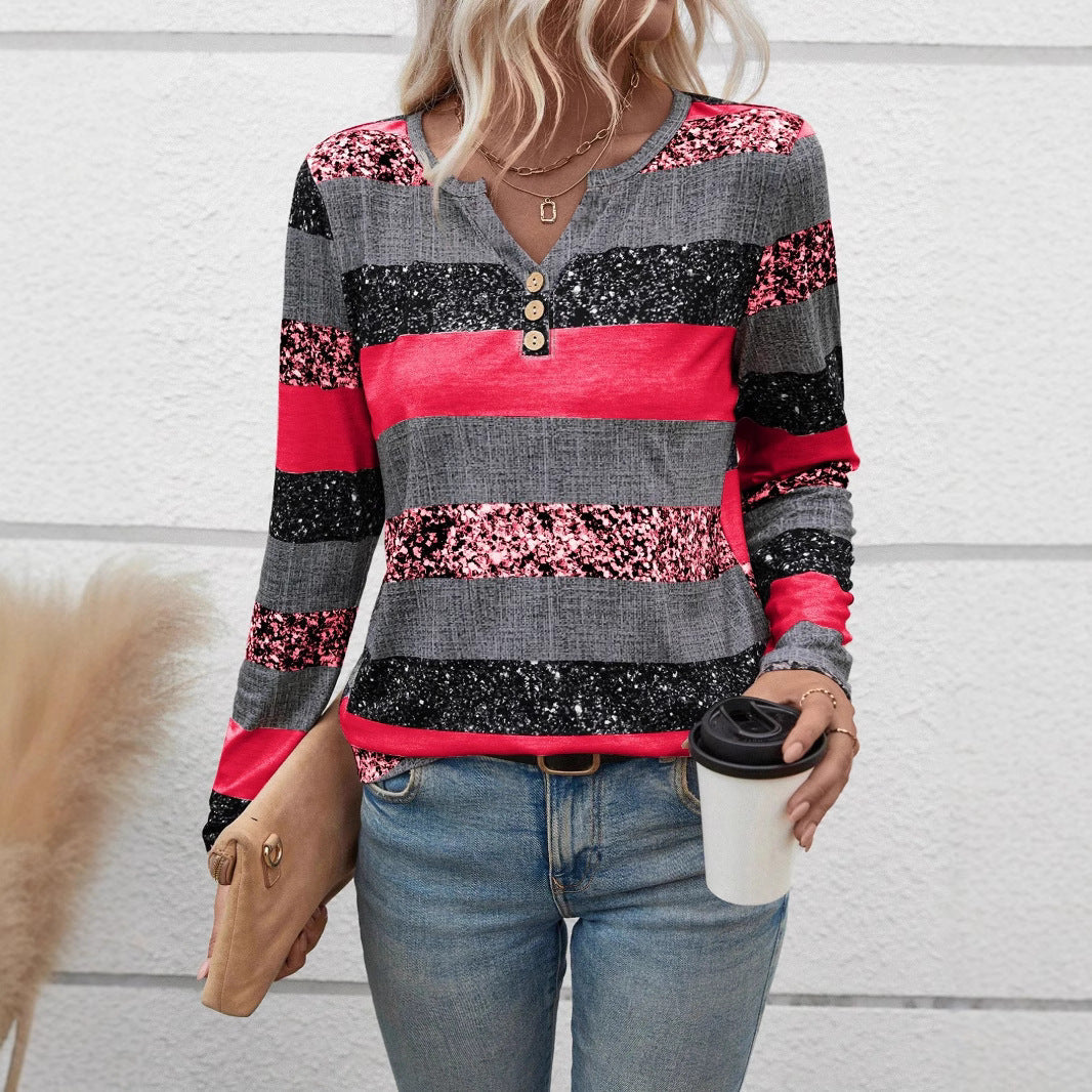 Damen Langarmshirt mit schimmernden Streifen und Knopfdetails