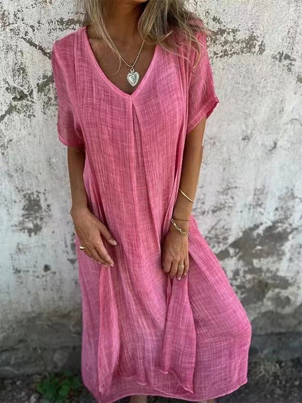 Damen lässiges Maxikleid aus leichtem Stoff mit V-Ausschnitt und kurzem Arm