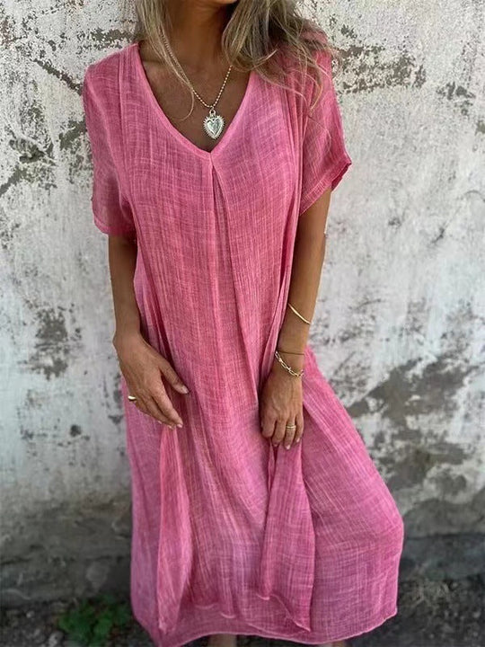 Damen lässiges Maxikleid aus leichtem Stoff mit V-Ausschnitt und kurzem Arm