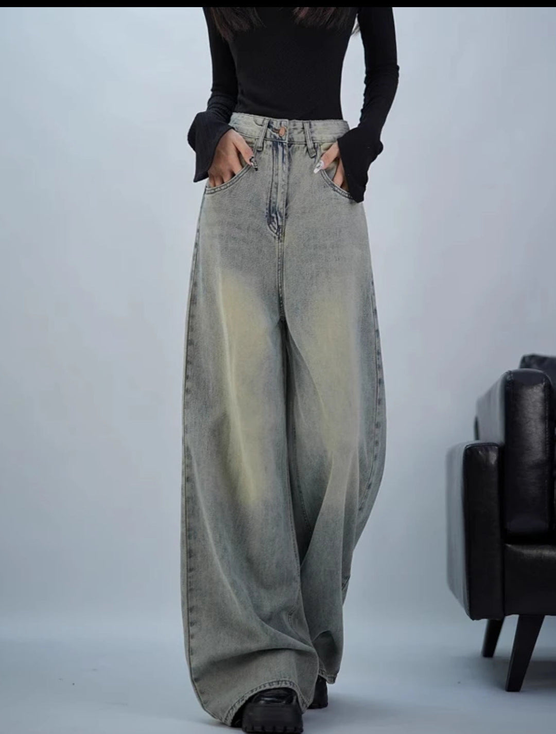 Damen trendige Baggy-Jeans mit hohem Bund und weiten Beinen