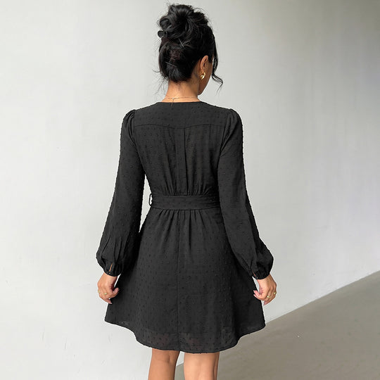 Damen Wickel-Minikleid mit V-Ausschnitt, Punkteffekt, geraffter Taillenpartie und langen Ärmeln Shop Nory