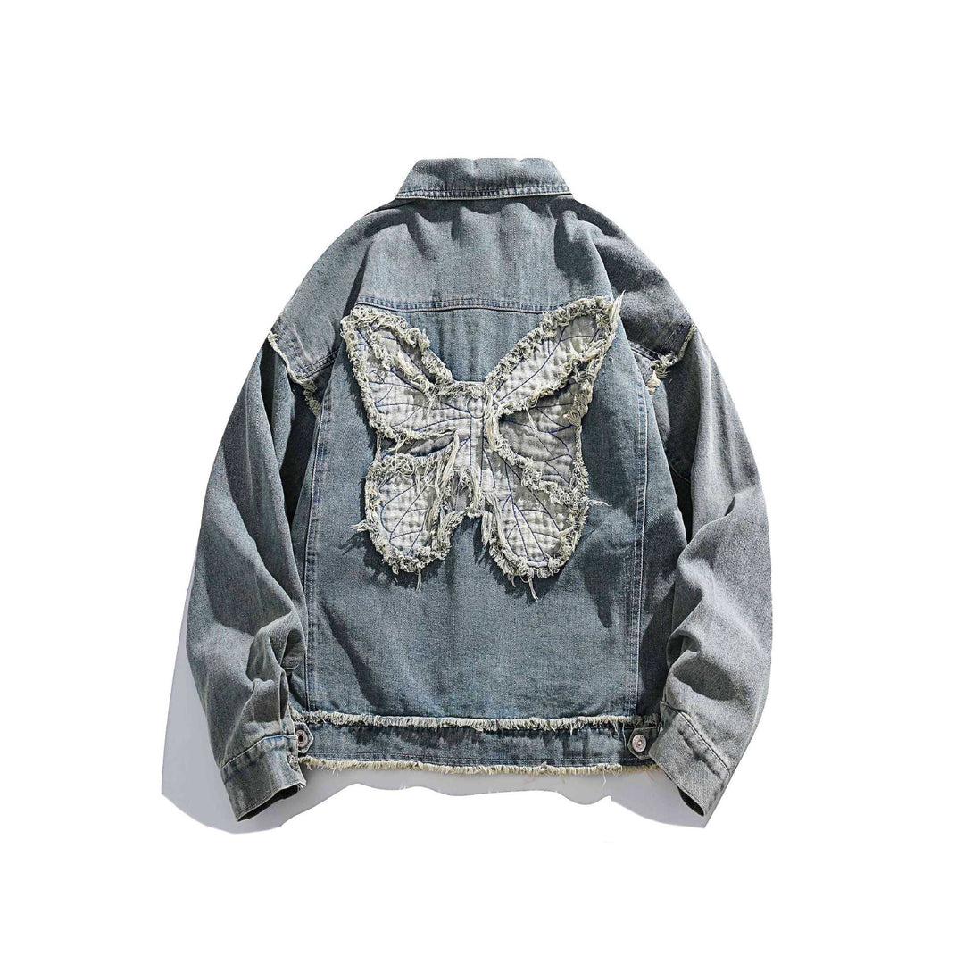 Unisex Oversize Denim-Blousonjacke mit Fransenabschlüssen und Utility-Taschen Shop Nory