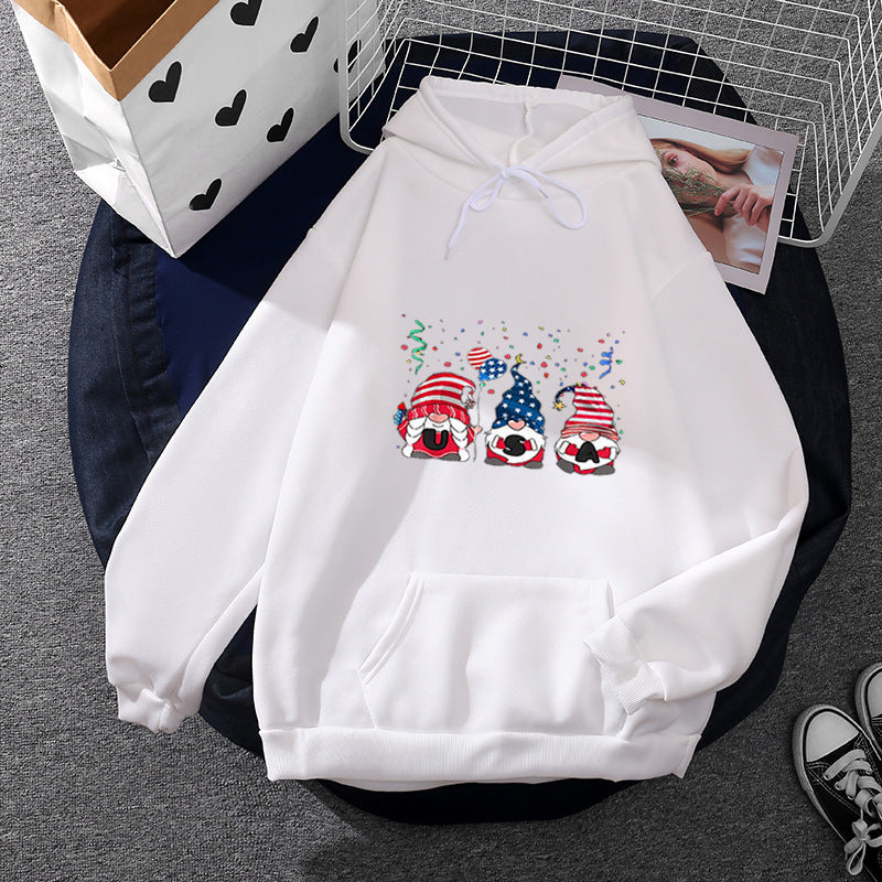 Damen nan Kapuzenpullover mit patriotischem Gartenzwerg-Print, angerautem Fleece-Innenfutter, Oversize-Schnitt und Kängurutasche Shop Nory