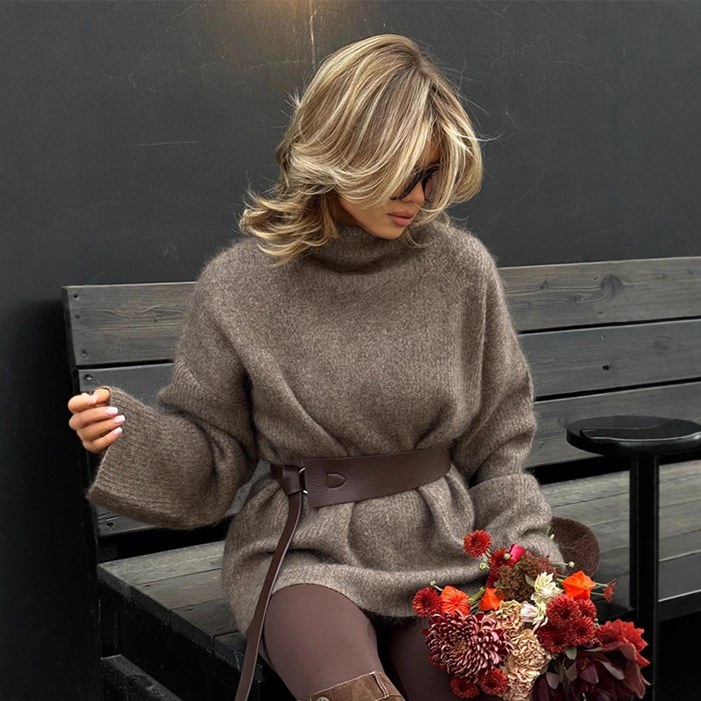 Damen Oversize Mohair-Mix Rollkragen-Pulloverkleid mit Ballonärmeln und Taillengürtel Shop Nory