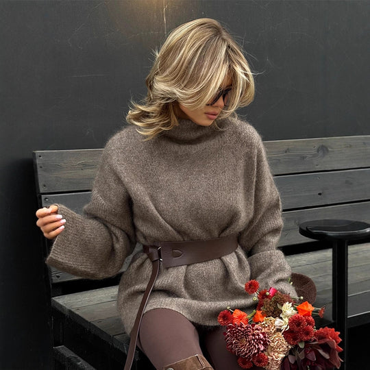 Damen Oversize Mohair-Mix Rollkragen-Pulloverkleid mit Ballonärmeln und Taillengürtel Shop Nory