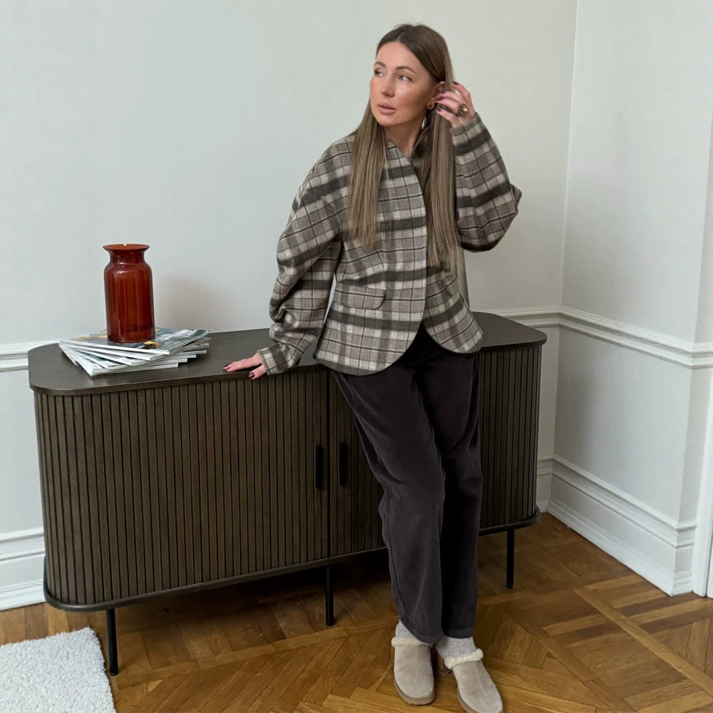 Damen Karierter Boxy‑Blazer mit voluminösen Ballonärmeln Shop Nory