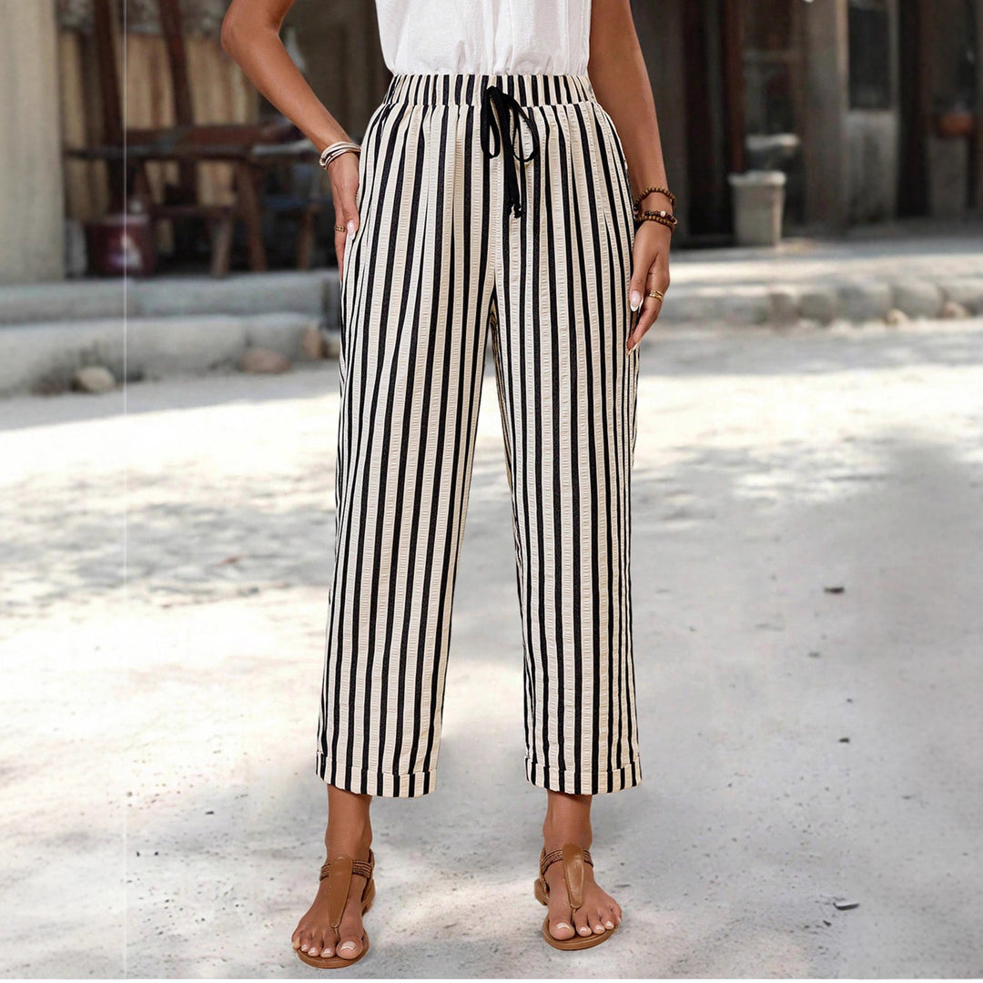 Damen Leichte hochtaillierte Streifen-Hose mit Elastikbund, Kordelzug und Seitentaschen Shop Nory