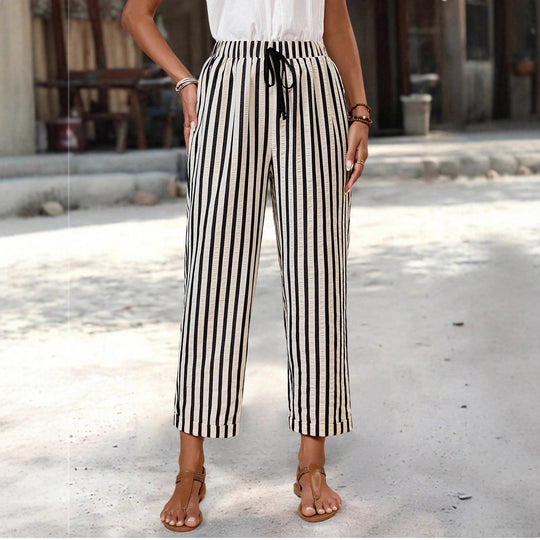 Damen Leichte hochtaillierte Streifen-Hose mit Elastikbund, Kordelzug und Seitentaschen Shop Nory