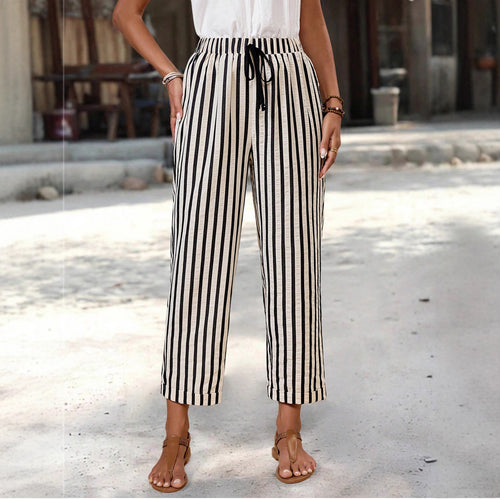 Damen Leichte hochtaillierte Streifen-Hose mit Elastikbund, Kordelzug und Seitentaschen Shop Nory