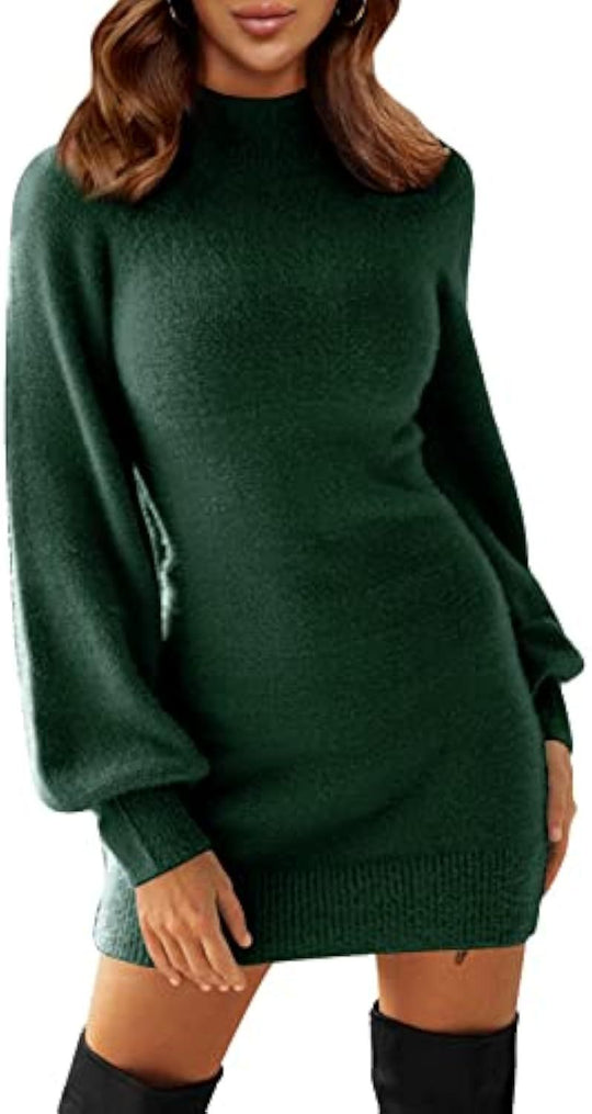 Damen Tailliertes Teddy-Strick-Minikleid mit Stehkragen und Ballonärmeln Shop Nory