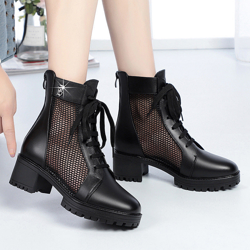 Damen Trendige Schnür-Stiefeletten mit Mesh-Einsatz und robustem Blockabsatz