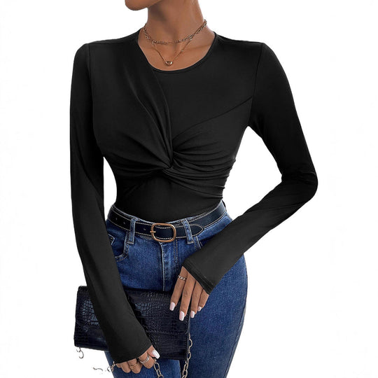 Damen Figurbetontes Langarmshirt mit Twist-Detail und Rundhalsausschnitt Shop Nory