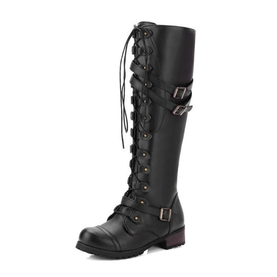 Damen Kniehohe Schnürstiefel mit verstellbaren Zierschnallen und robuster Profilsohle Shop Nory