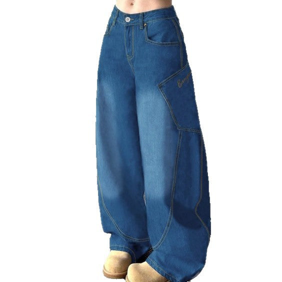 Damen Weite High-Waist Balloon-Jeans mit Utility-Taschen und kontrastierenden Nähten Shop Nory