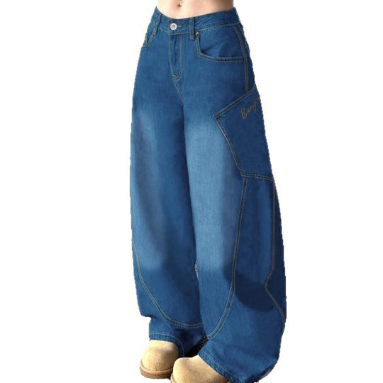 Damen Weite High-Waist Balloon-Jeans mit Utility-Taschen und kontrastierenden Nähten Shop Nory