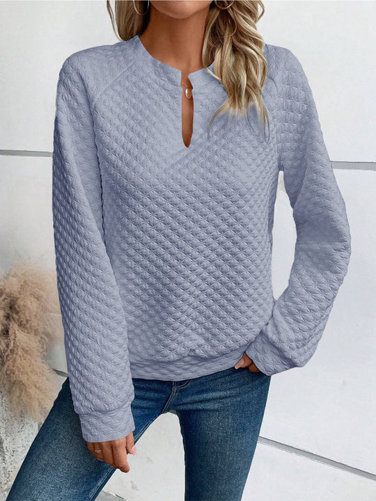 Damen Gestepptes Sweatshirt mit Schlitzkragen, Rautenstruktur und Raglanärmeln Shop Nory