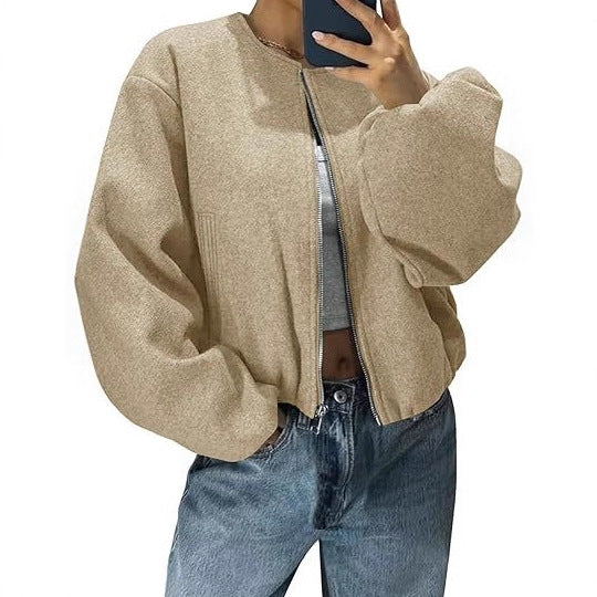 Damen Kurzjacke mit durchgehendem Reißverschluss, Ballonärmeln und elastischem Saum Shop Nory