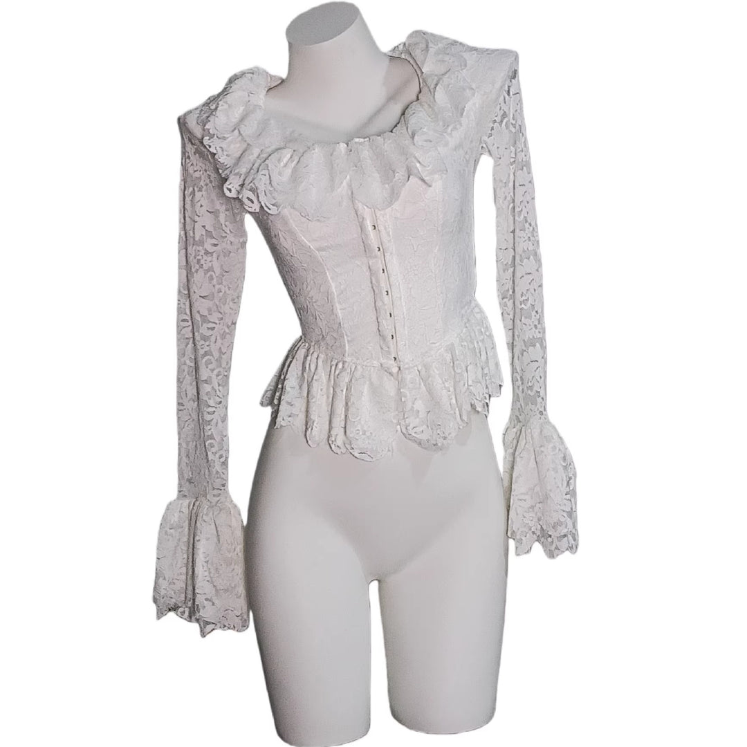 Damen Spitzen-Corsage mit Rüschenkragen und Glockenärmeln Shop Nory
