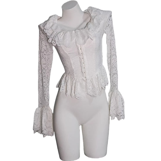 Damen Spitzen-Corsage mit Rüschenkragen und Glockenärmeln Shop Nory