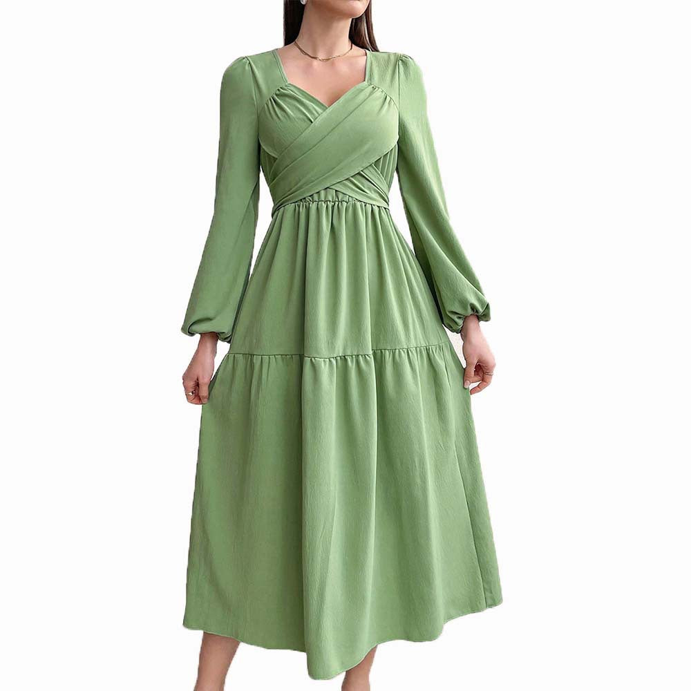 Damen langärmeliges Midikleid mit überkreuztem Drapé-Bustier, elastischer Unterbrustnaht und zweistufigem Stufenrock Shop Nory
