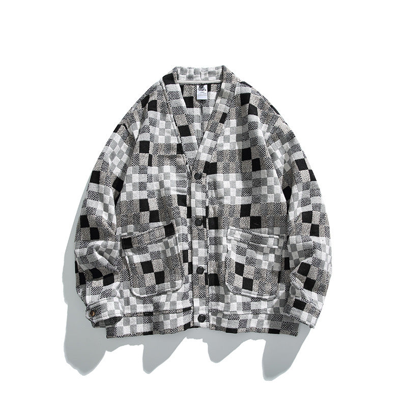 Unisex Boxy-Strickjacke im Patchwork-Karo mit V-Ausschnitt, Druckknopffront und aufgesetzten Taschen Shop Nory