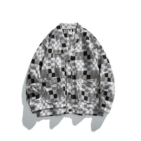 Unisex Boxy-Strickjacke im Patchwork-Karo mit V-Ausschnitt, Druckknopffront und aufgesetzten Taschen Shop Nory