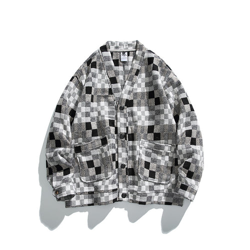 Unisex Boxy-Strickjacke im Patchwork-Karo mit V-Ausschnitt, Druckknopffront und aufgesetzten Taschen Shop Nory
