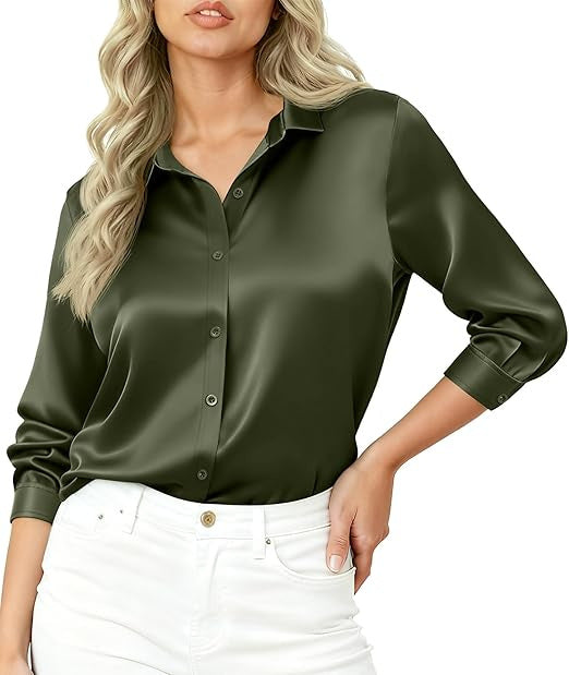 Damen Seidiges Satin-Blusenshirt mit Hemdkragen und dreiviertel Ärmeln Shop Nory