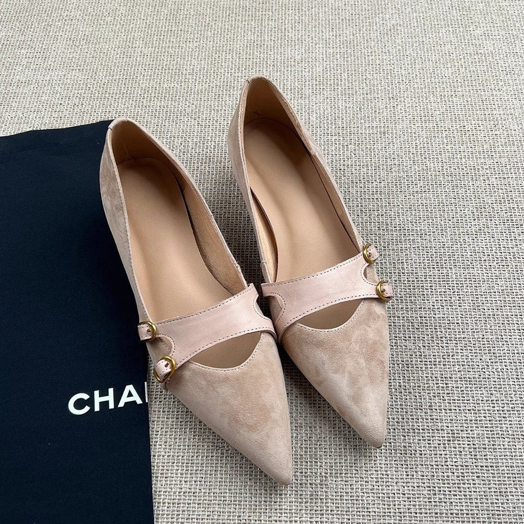Damen elegante spitze Ballerina-Schuhe mit dekorativen Riemen und Schnallen