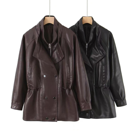 Damen Oversized Kunstlederjacke mit hohem Stehkragen und doppelreihiger Knopfleiste Shop Nory