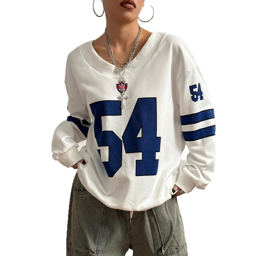 Damen Lockeres College-Sweatshirt im Off-Shoulder-Look mit großem Nummernprint Shop Nory