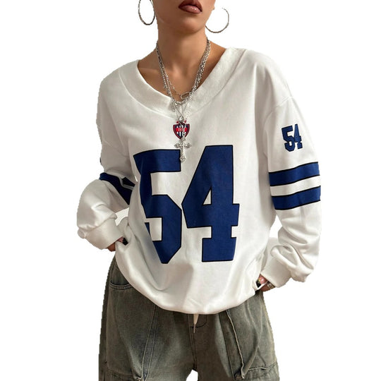 Damen Lockeres College-Sweatshirt im Off-Shoulder-Look mit großem Nummernprint Shop Nory