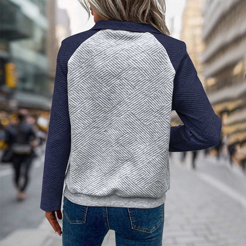 Damen Stepp-Sweatshirt mit Henley-Knopfleiste, Kängurutasche und kontrastierenden Raglanärmeln Shop Nory