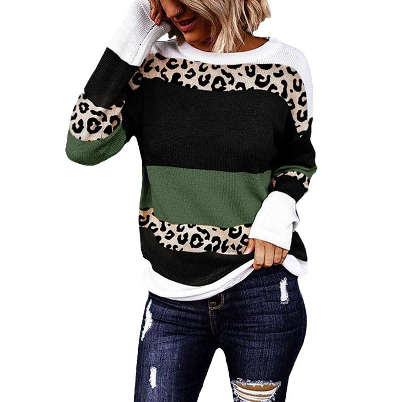 Damen Gestreiftes Langarm-Strickshirt mit Leoprint-Einsätzen und Rundhalsausschnitt Shop Nory