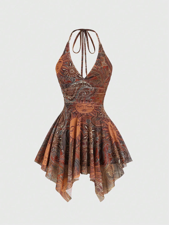 Damen lässiges Strandkleid mit asymmetrischem Saum und raffiniertem Druck