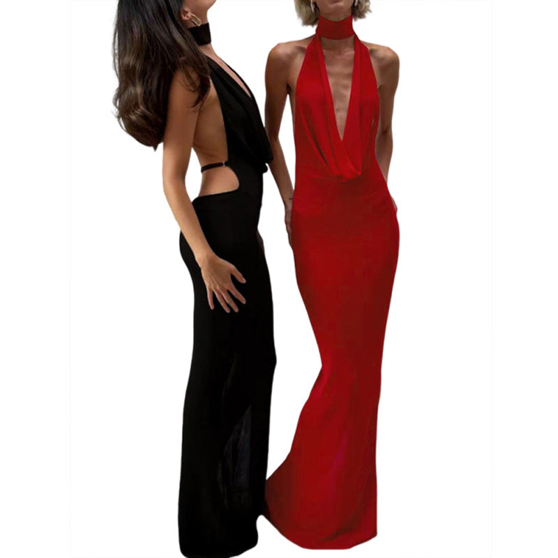 Damen Elegantes Maxikleid mit tiefem V-Ausschnitt und seitlichen Cut-Outs