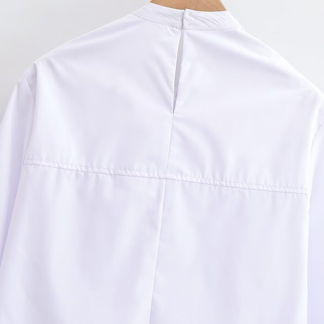 Damen Seidige Schluppenbluse mit Zierschal und verlängertem Rückensaum Shop Nory