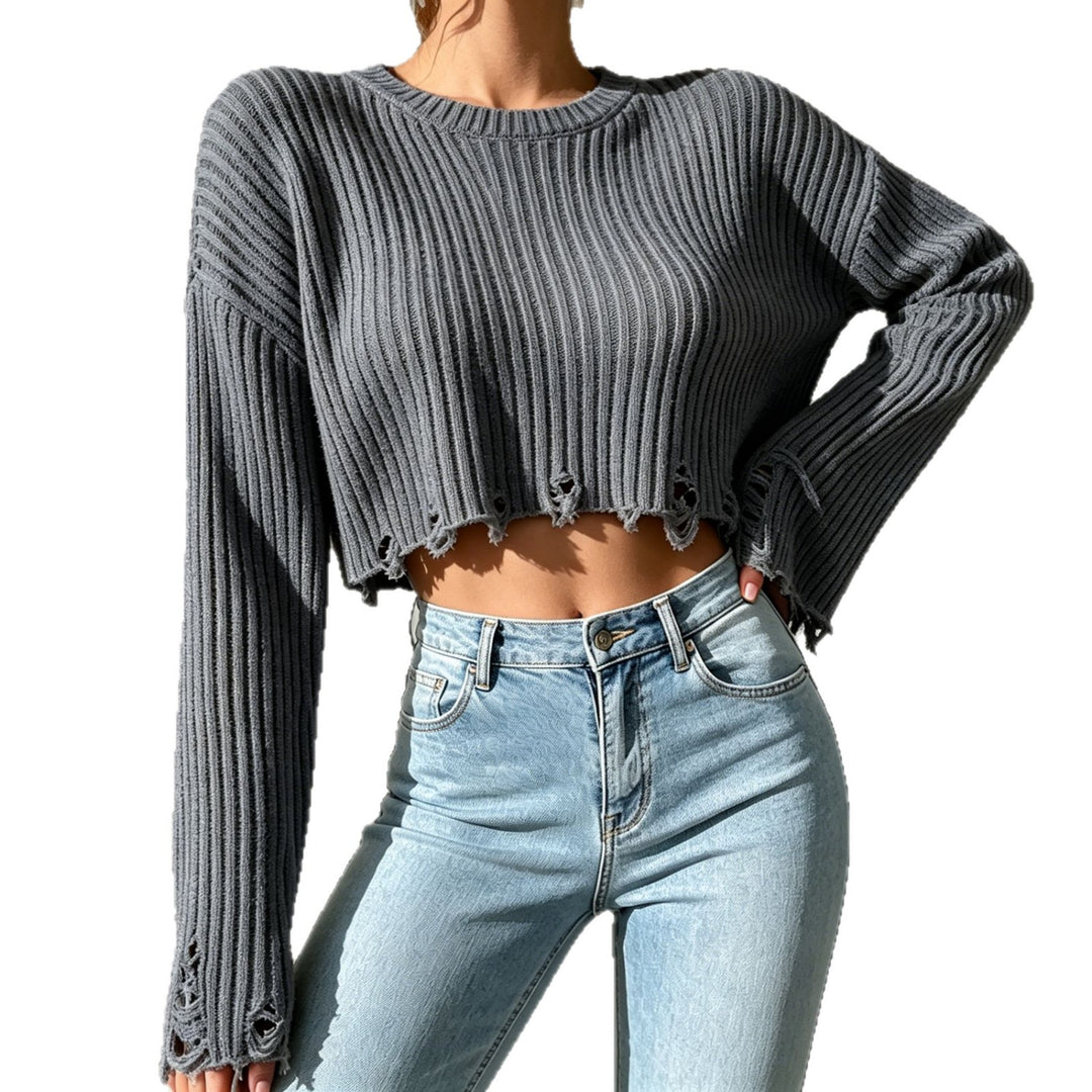 Damen Kurzgeschnittener gerippter Strickpullover mit ausgefranstem Saum Shop Nory